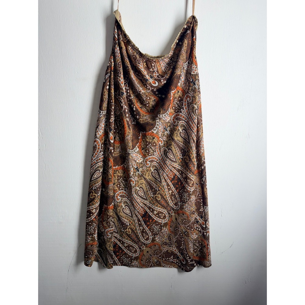 Black Magic Paisley Slip Dress Brown Orange Boho Cowl Neck Lace Trim XL Vintage